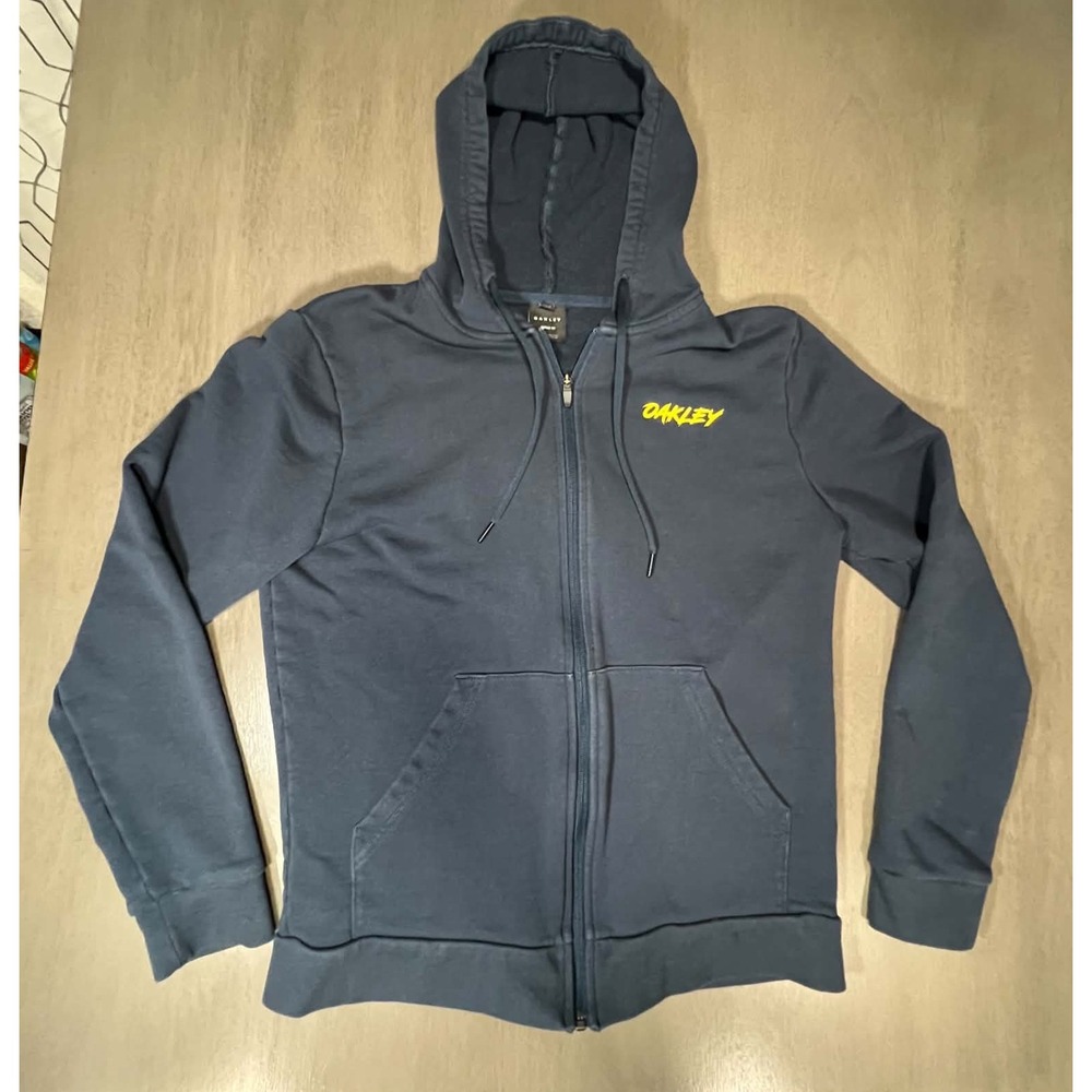Oakley Mens Custom Fit Full Zip Hoodie Navy Blue Yellow Logo Sweatshirt Large